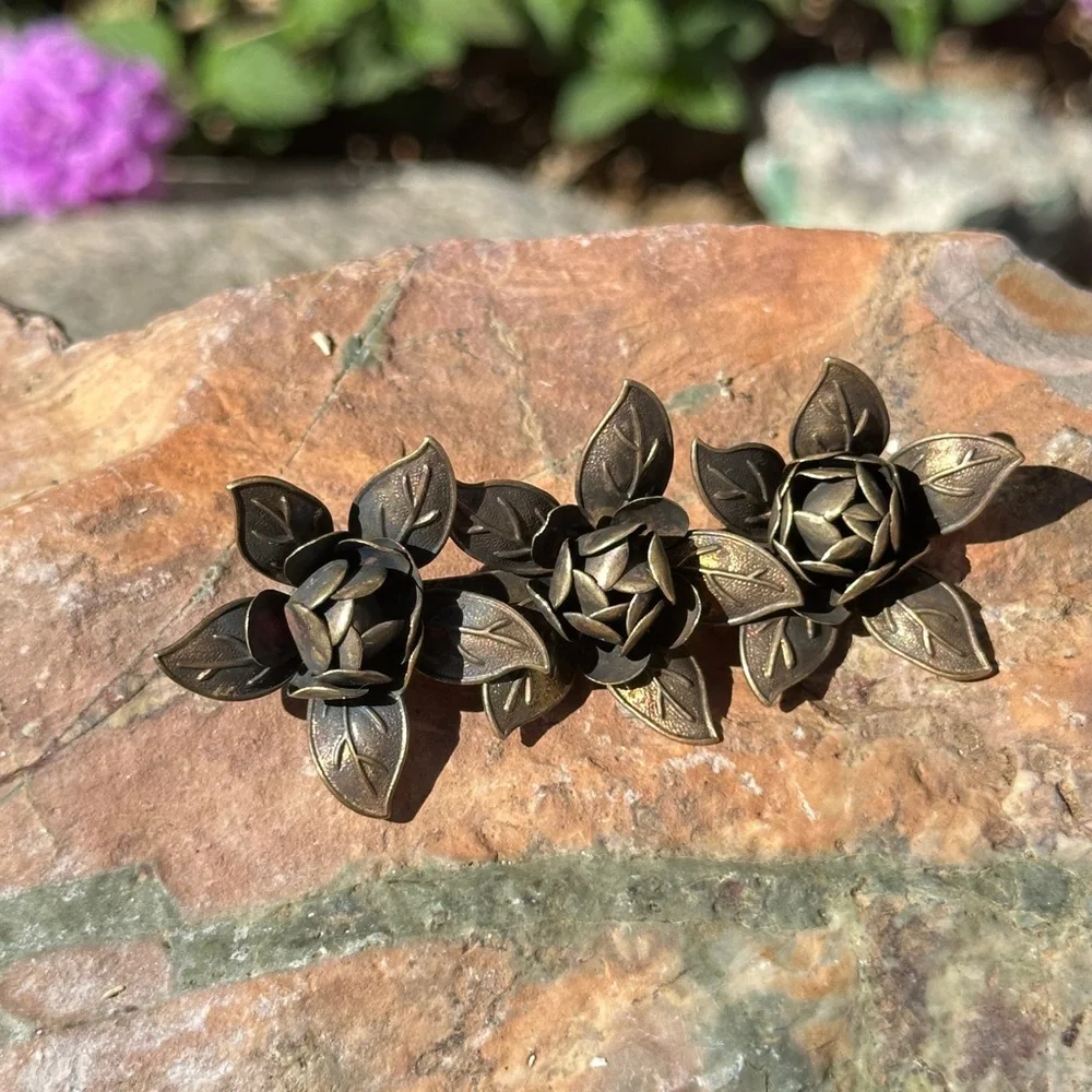 Antique Brass Floral Rose Brooch Trio - Bronze Toned Flower Pin 3” x 1”